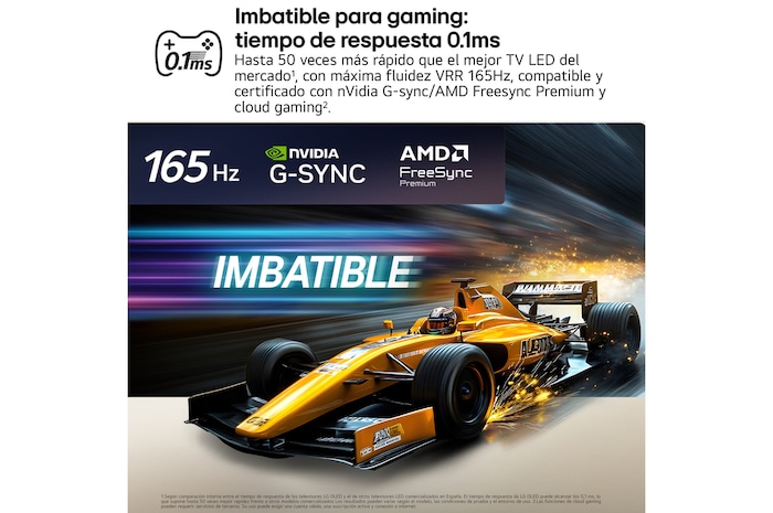 LG OLED evo AI C6 for Unbeatable Gameplay in 4K 165Hz shows a high-speed racing game with a yellow open-wheel car in motion, bold “WIN” text on screen, and NVIDIA G-SYNC and AMD FreeSync Premium logos at the top.